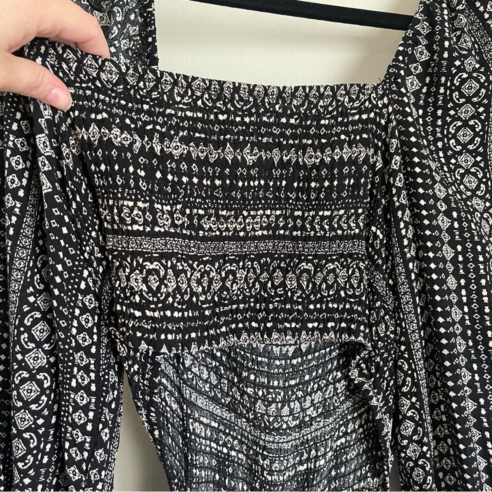 Promesa Black White Boho Patterned Maxi Dress Size M Backless Smocked Bishop
