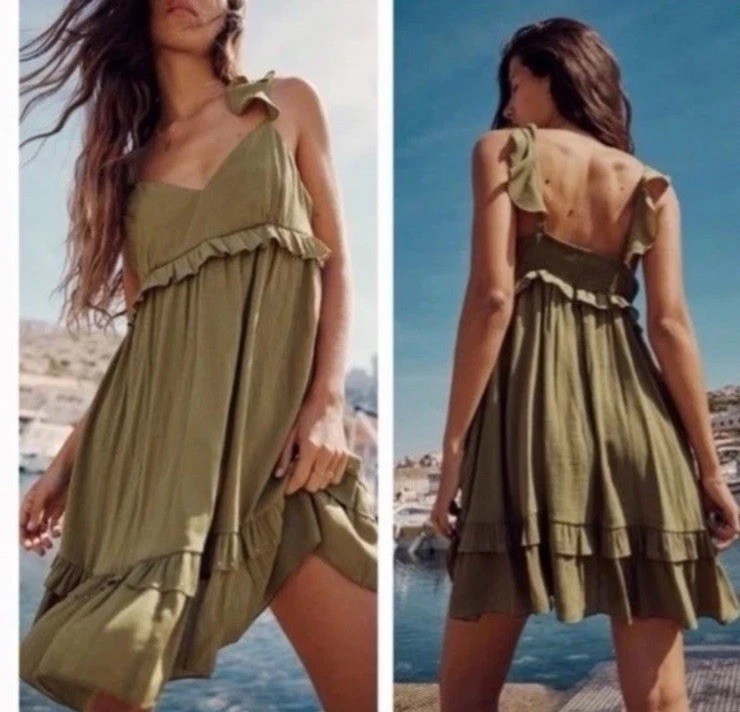 NWT New Zara Ruffled Tiered Babydoll Sleeveless Dress Olive Green XL