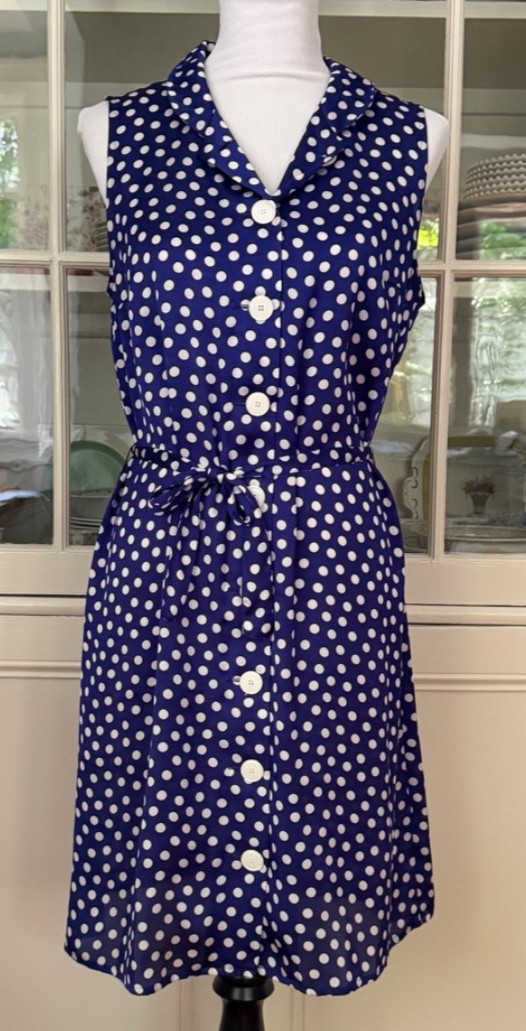 Agnes B. Blue & White Polka Dot Silk Dress, Size 42/US 10, Button Down, Sash