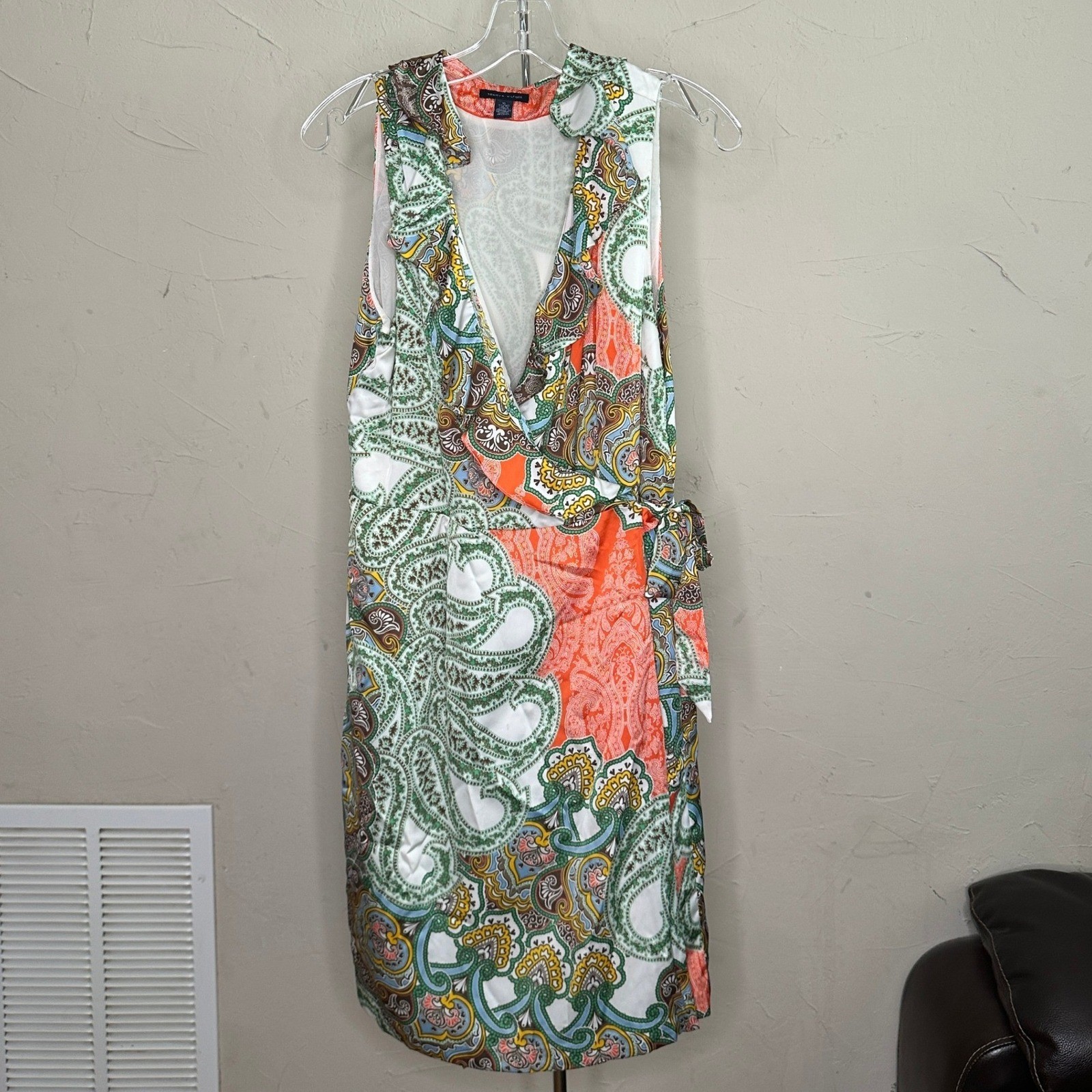 Tommy Hilfiger Womens XL Paisley Wrap Dress Orange Green Sleeveless