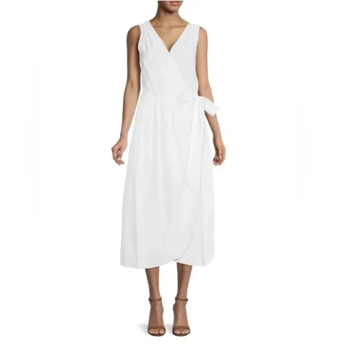 Vince White Wrap Sundress Size M Side Tie Belted Pockets Midi Sleeveless