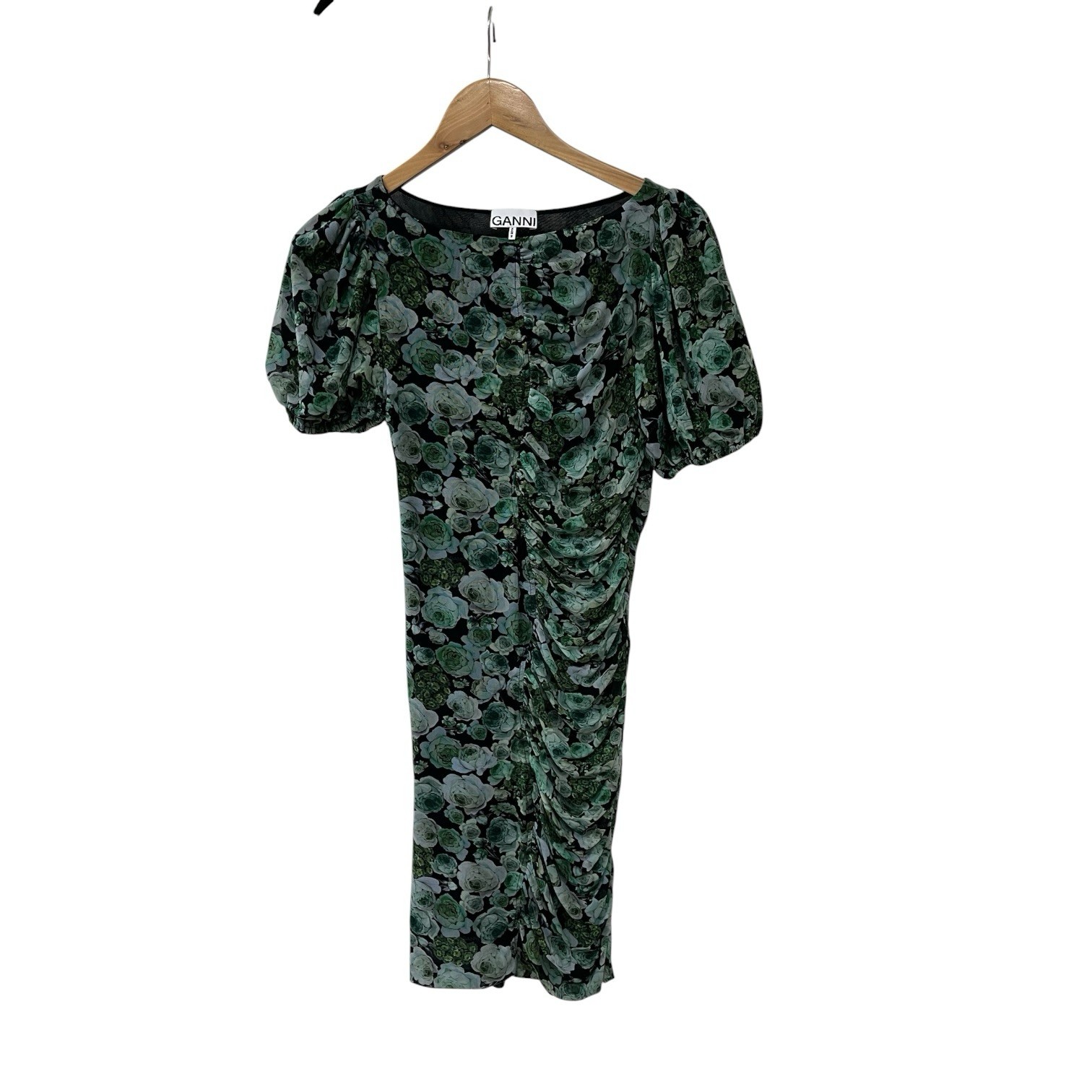 Ganni Green Floral Ruched Mesh Mini Dress Short Puff Sleeve 38