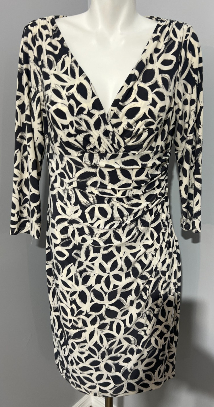 Ralph Lauren Women 12 XL Dress Grey Cream V-Neck Faux Wrap Sheath