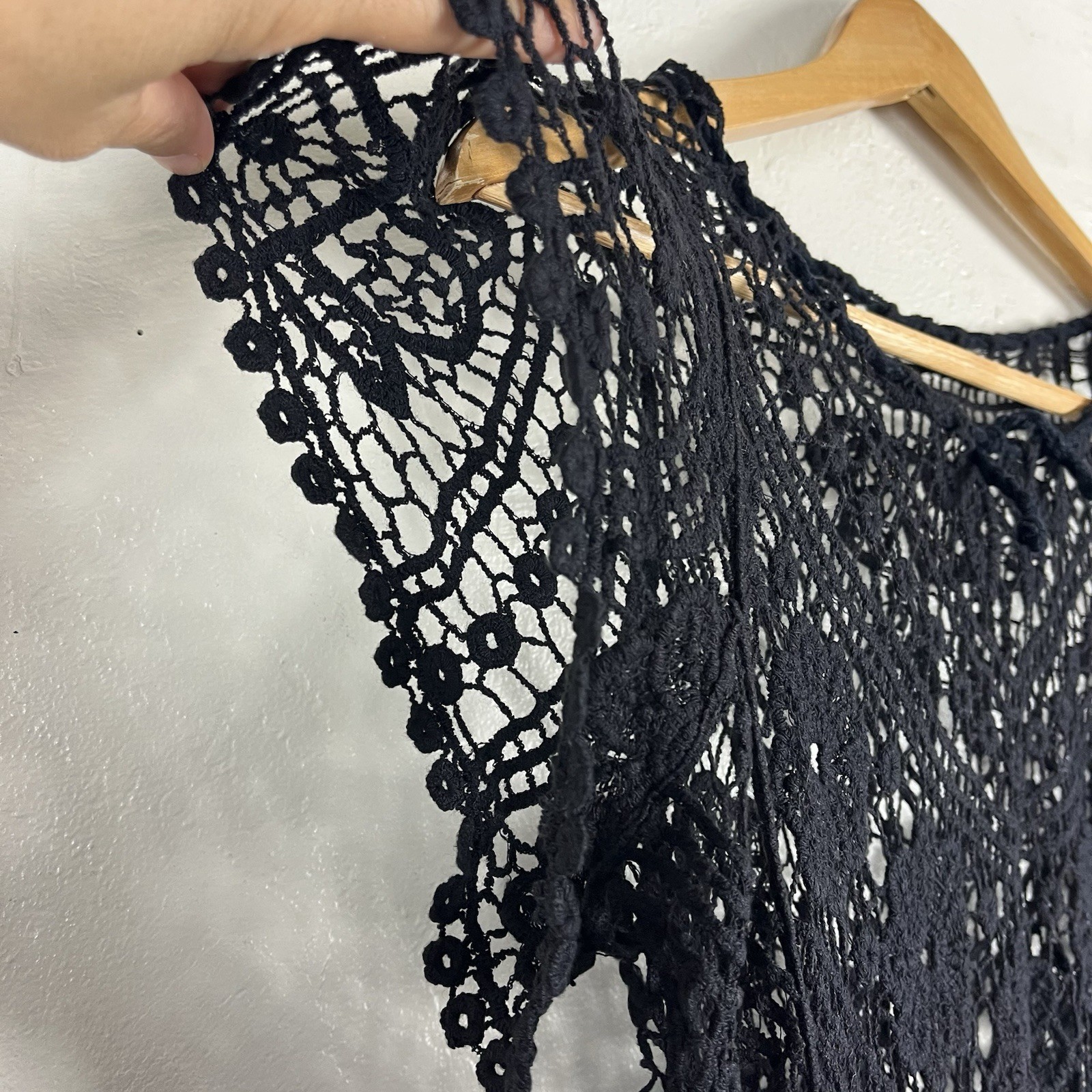 Handmade Black Crochet Lace Swim Cover Up Boho Floral Beach Tunic One Size
