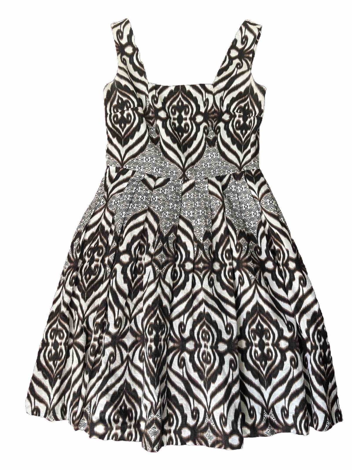 Eva Mendes Pleated Fit & Flare Midi Dress Women’s Sz 4 brown white Print Pocket