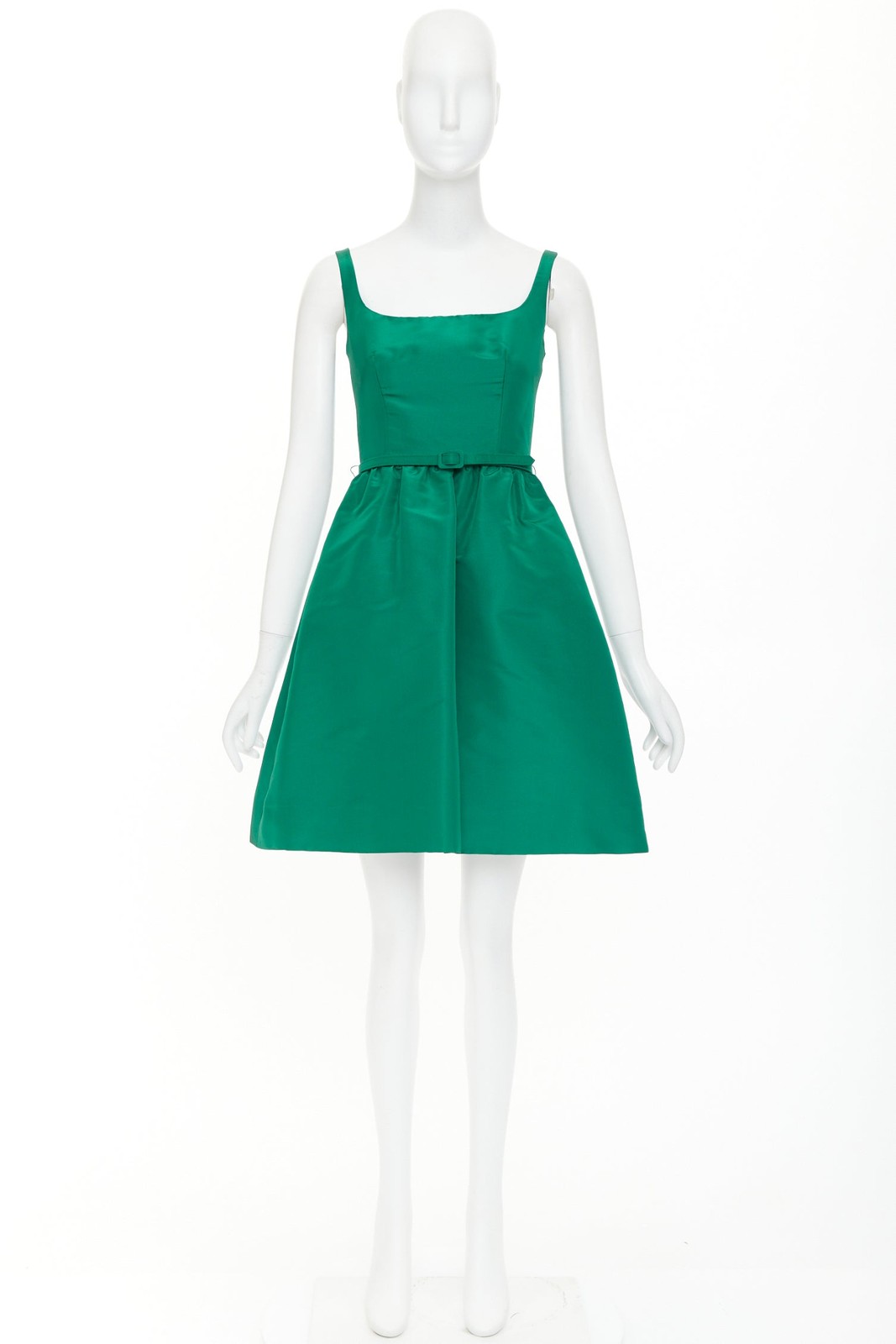 OSCAR DE LA RENTA 2017 green silk faille square neck belted flare dress IT40 S