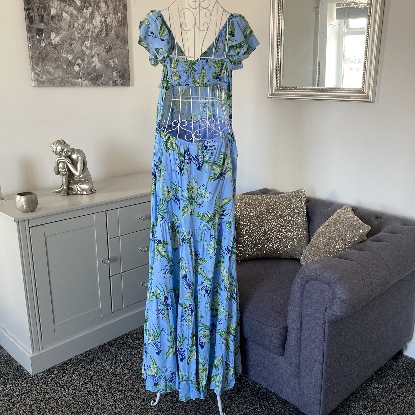 Blue Leaf Print Ruffle Scoop Neck Sleeveless Open Back Tiered Maxi Dress L 10-12