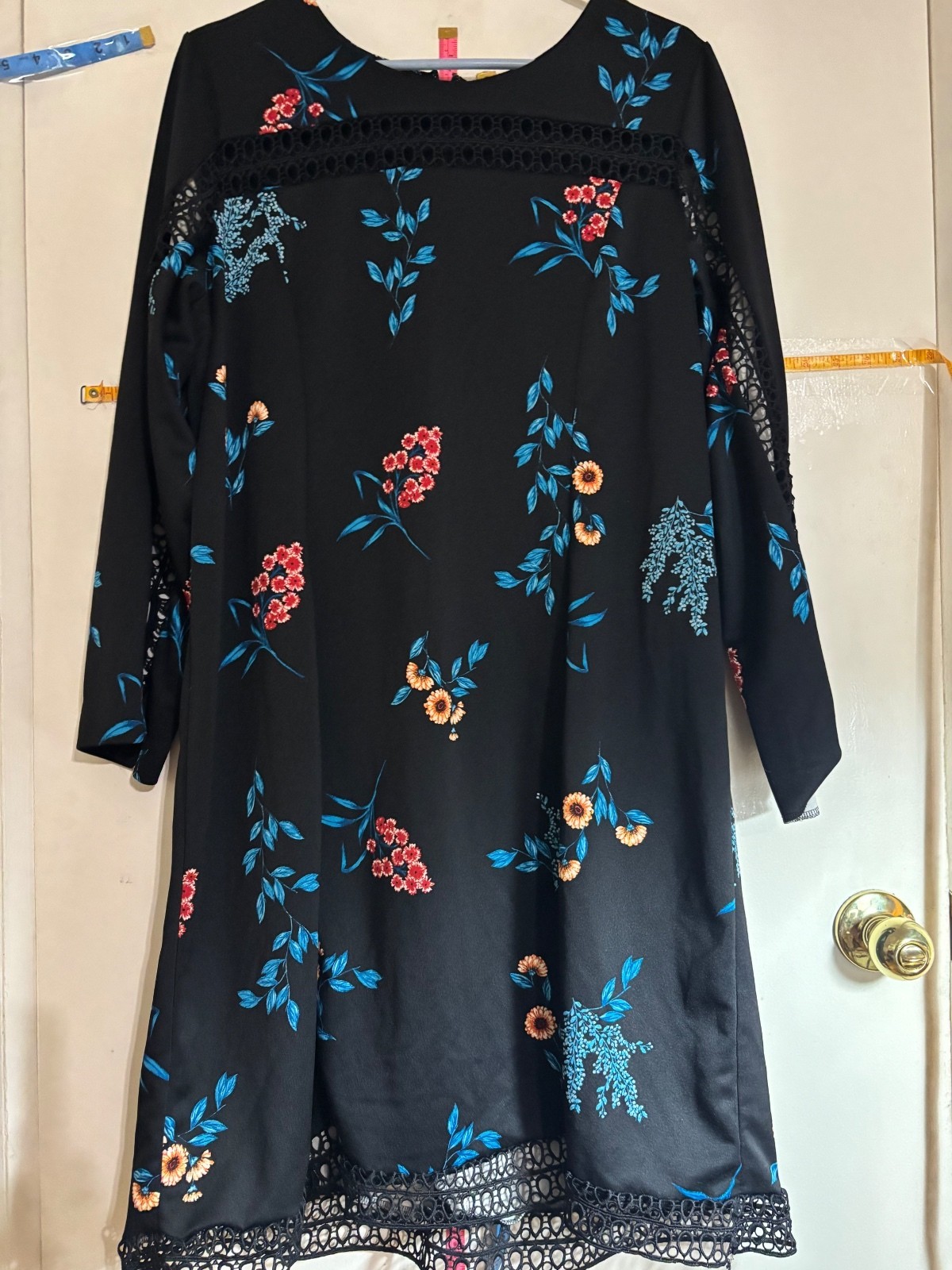Black Long Sleeve Floral Dress with Lace Trim