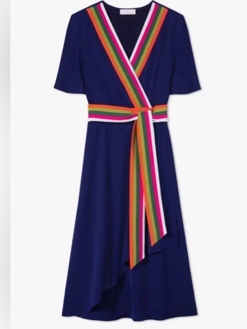 TORY BURCH Peggy Wrap Stripe Dress Navy Blue Sz 8 Preowned