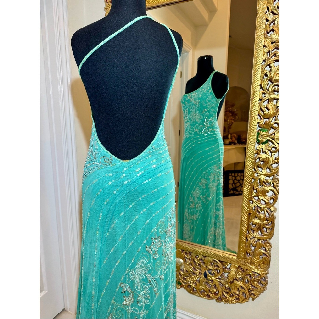 One-Shoulder hand beaded aqua Evening Gown stretch fabric attitudes by Debra