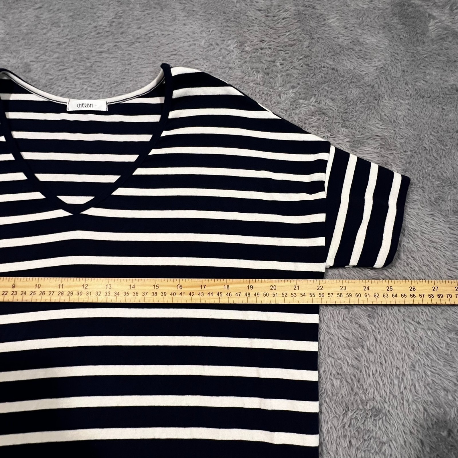 Cherish Shift Dress Navy Striped Pockets V-Neck Stretch USA Women’s Small