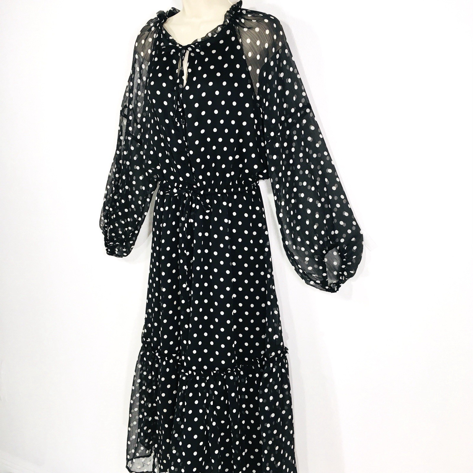 On 34th Polka Dot Chiffon Dress Sz L Sheer Sleeves Stretch Waist Fairy Whimsy