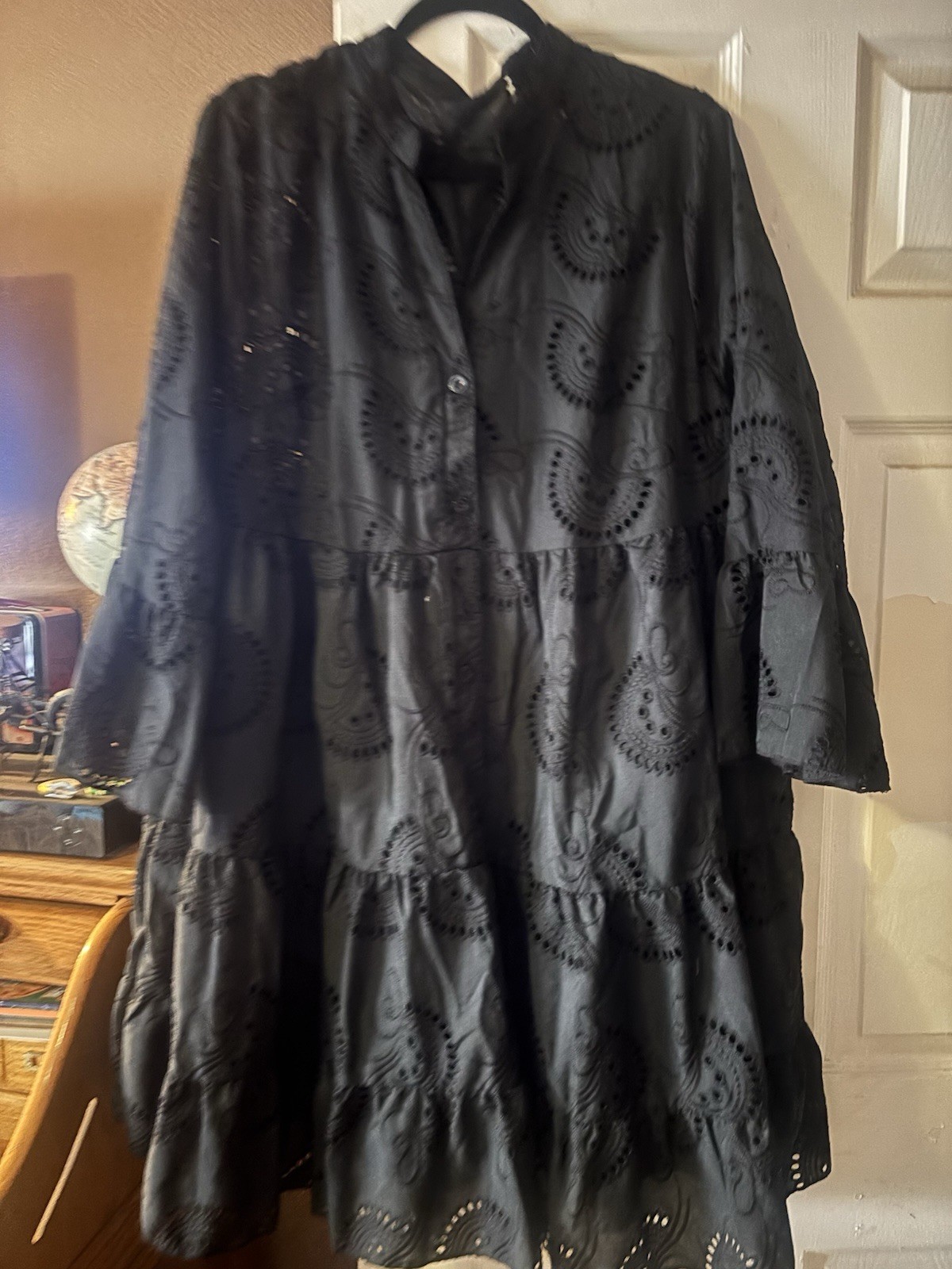 Flirla Black Embroidered Tiered V-Neck Button Bell Sleeve Boho Dress 2xl
