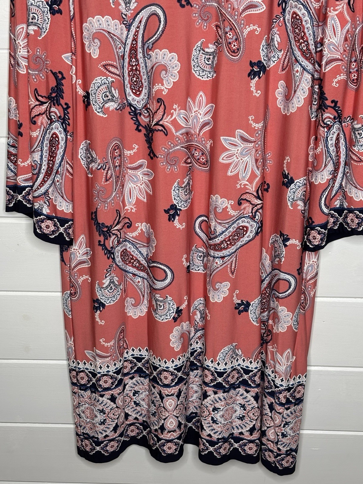 Studio One NY Coral Paisley Shift Dress Size XL Bell Sleeve Border Print Stretch