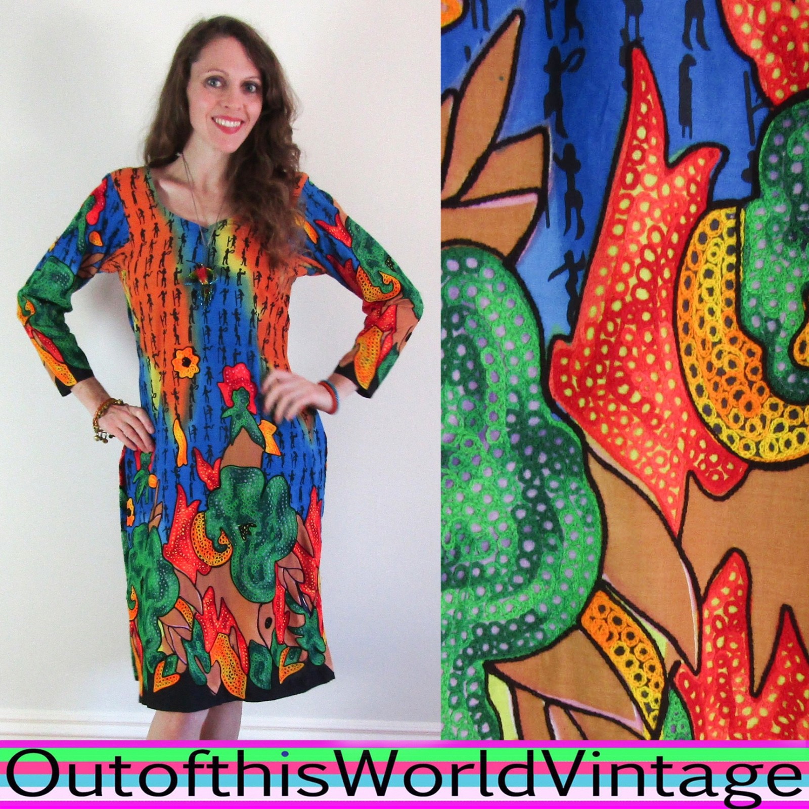 Vtg RAINBOW EMBROIDERED CAFTAN Egypt ethnic robe dress PSYCHEDELIC HIPPIE SARI M