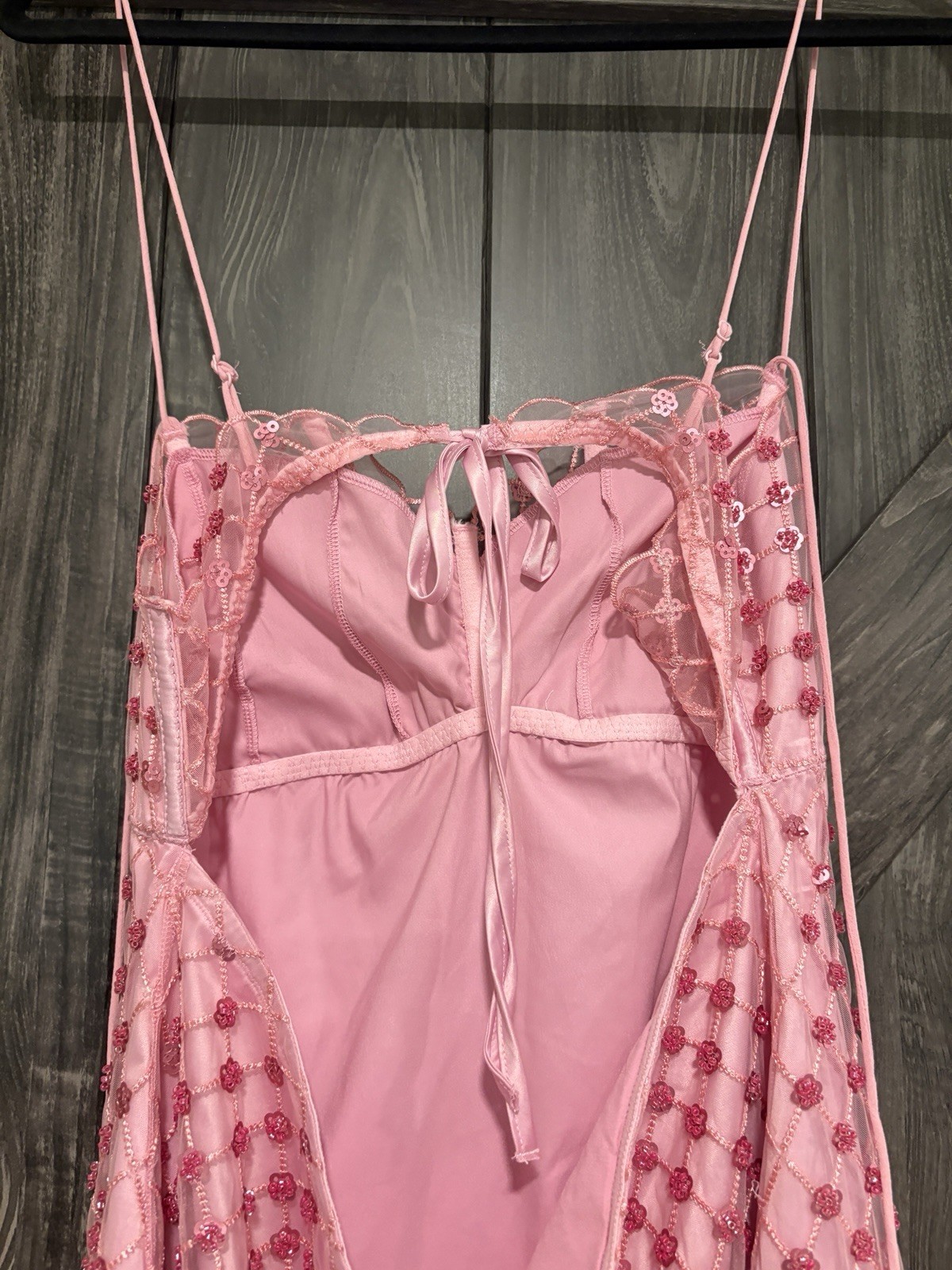 For Love & Lemons Embroidered Pink Beaded Mini Dress Sz XL Sleeveless Boning