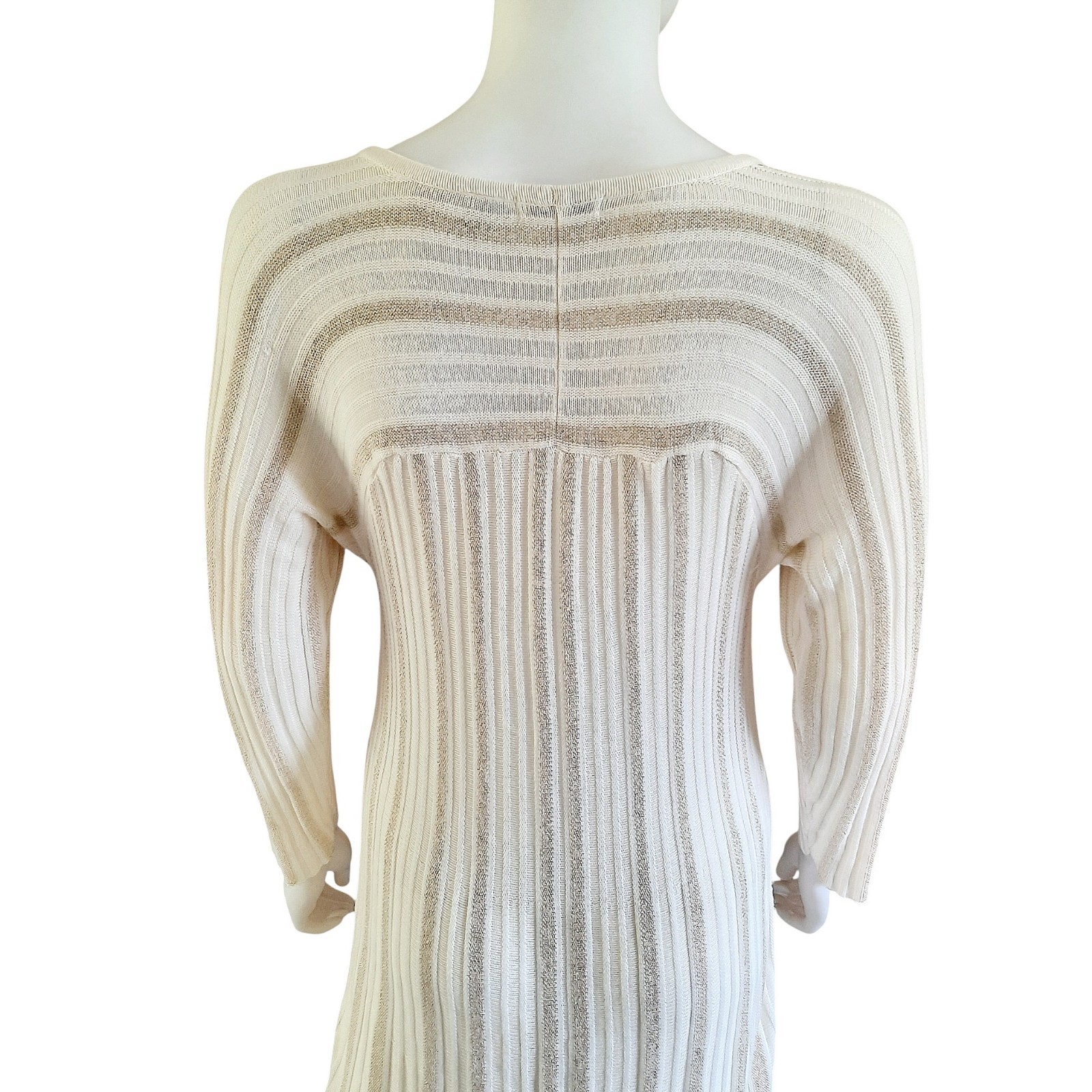 CATO Cream/Metallic Gold Ribbed Knit 3/4 Sleeve Fit & Flare Midi Dress Sz 14/16W