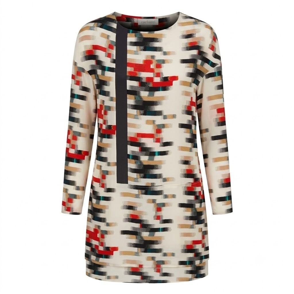 Cacharel Abstract Brushstroke Print Tunic Dress Cream Red Black Size 8 US – IW