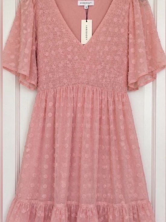 Annebouti Pink Swiss Dot Mini Dress NWT Size M Smocked Flutter Sleeve