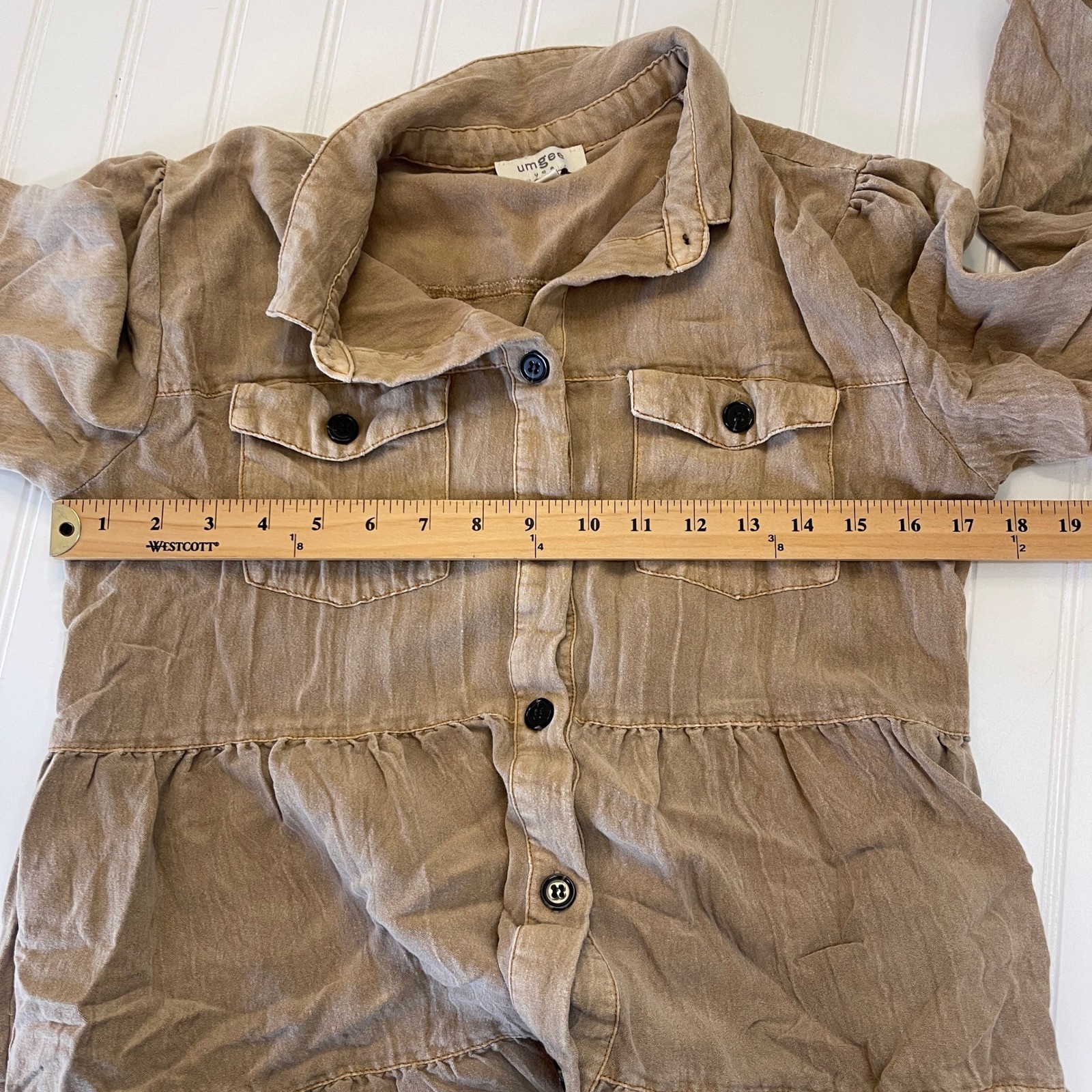 Umgee Tan Mineral Wash Western Boho Tiered Button Down Dress Raw Hem Small