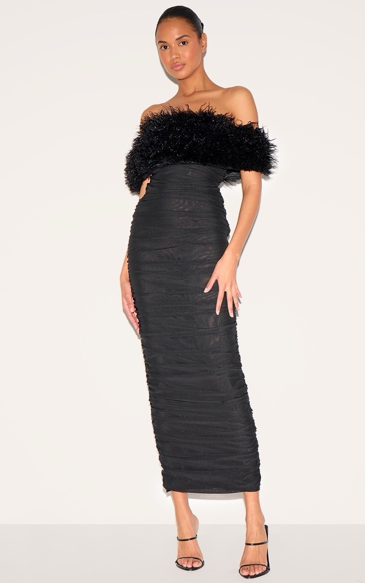 PLT Label Bardot Ruched Midaxi Dress • Faux Shearling Mesh • Size 8 • NWT