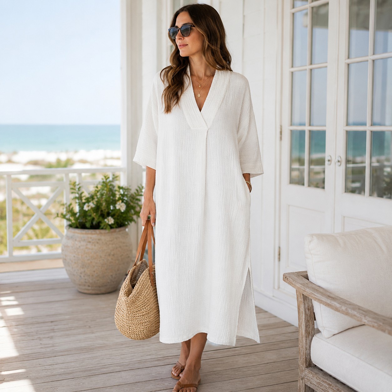 Honest Cotton White Double Gauze Tunic Dress OS Lagenlook Coastal Minimalist