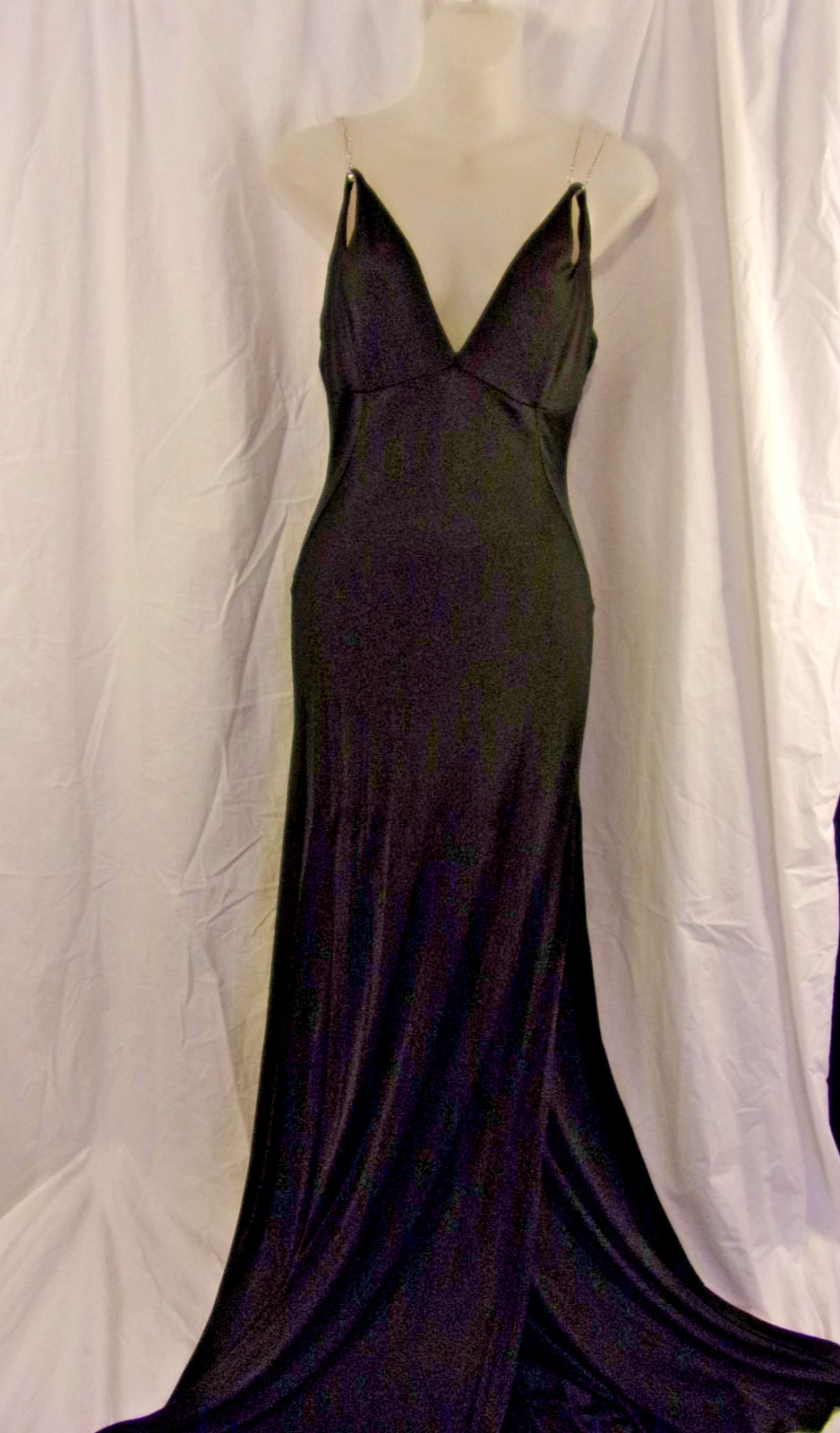 Versace Jeans Couture Long Black Satin Gown Chain Medusa Strap Thigh Slit IT 44