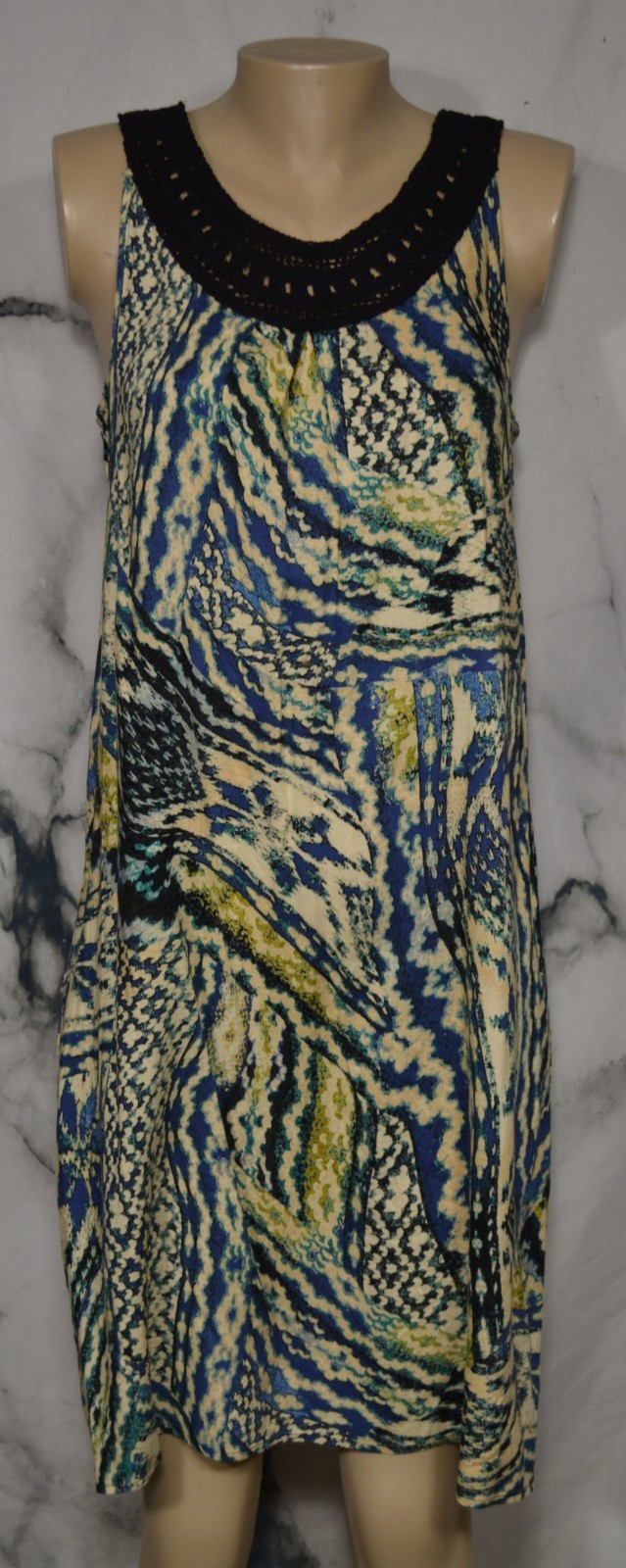 ELEMENTZ Blue Green Beige Patterned Sleeveless Dress Medium Woven Neckline