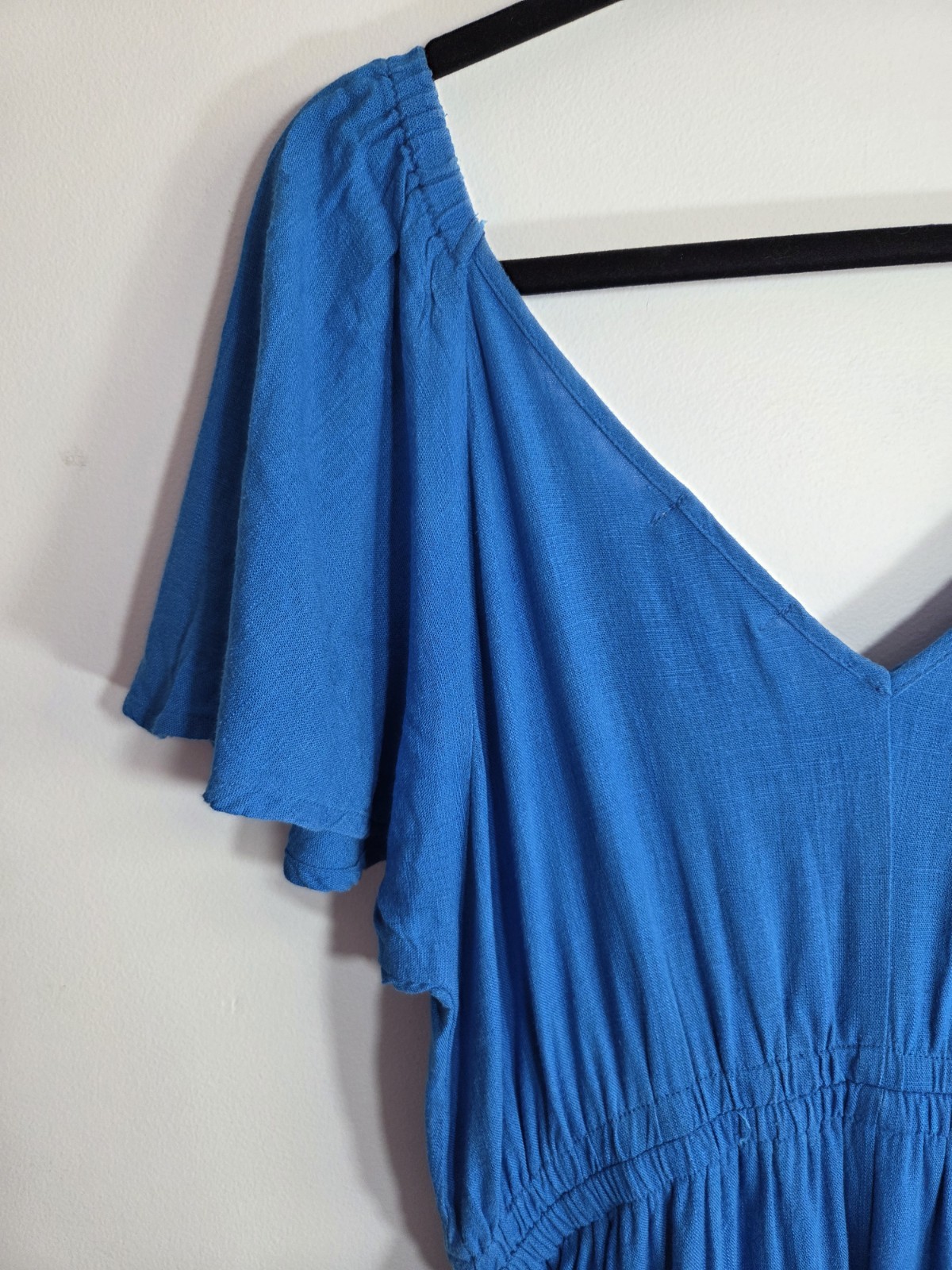 FRIA Size 12 Blue V-Neck Flutter Sleeve Elastic Waist Fit & Flare Short Dress