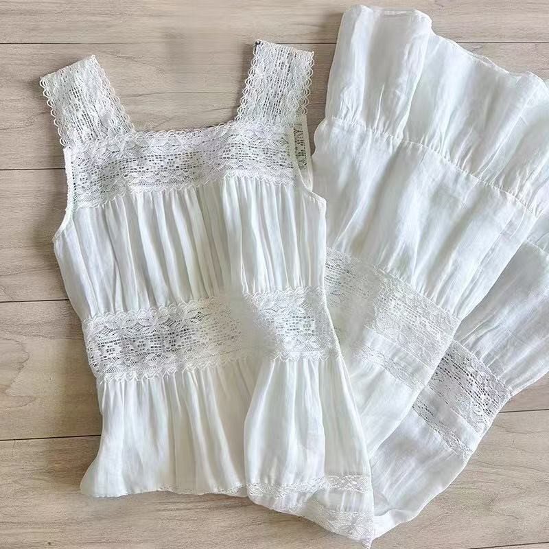 DOEN Spring/Summer Square Collar Lace Splicing Waist Sleeveless Dress