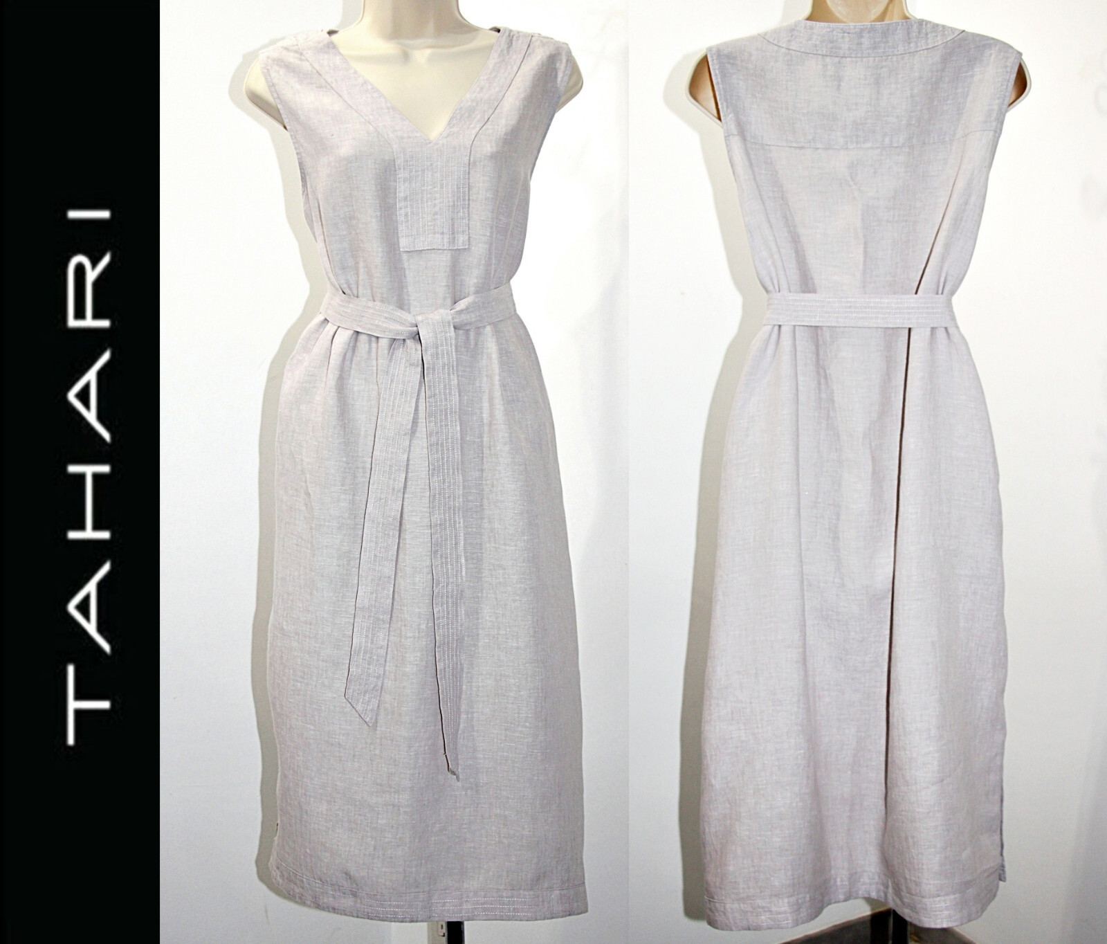 TAHARI 100%Linen Button-Side-Slits Pockets Belted Midi Dress in Light Grey sz XL