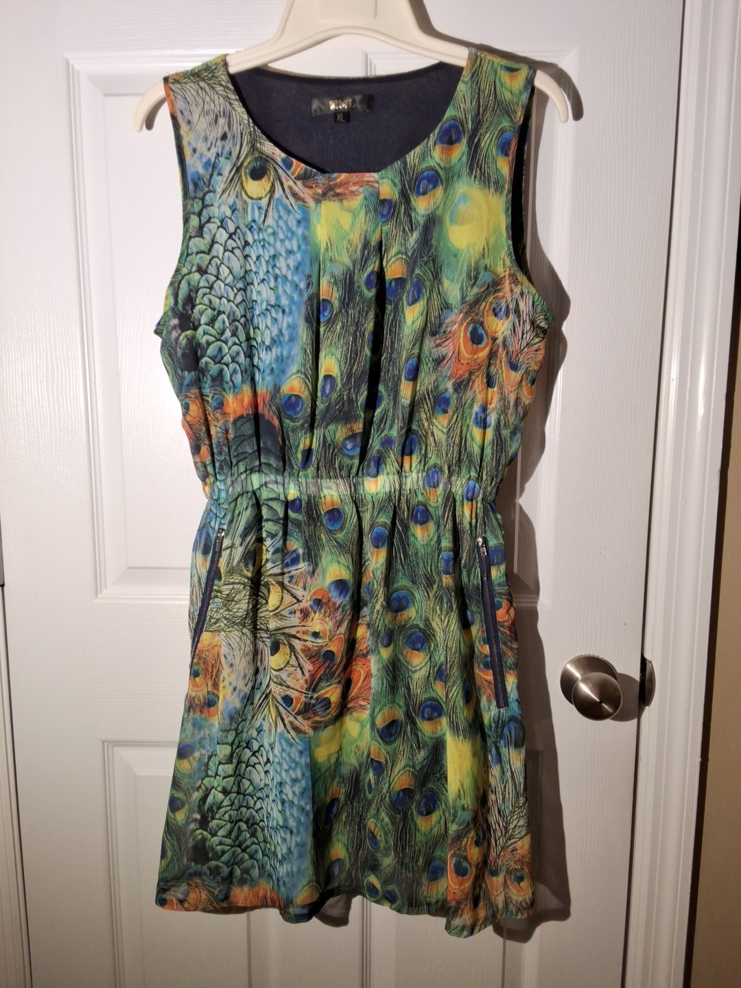 Peacock Summer Dress Sheer Over Lining Zipper Pockets Lightweight & Pretty Sz XL