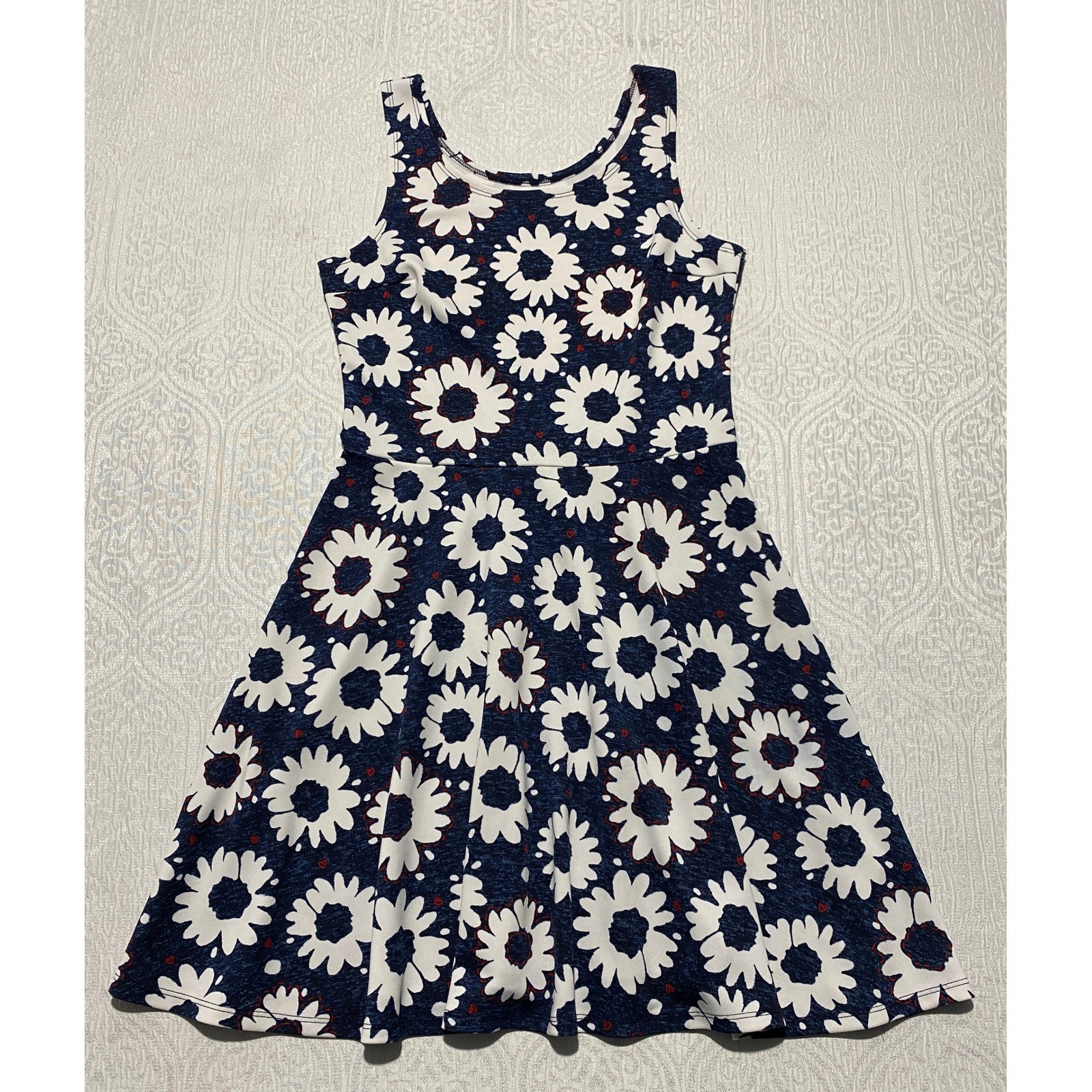 Hollister Navy Blue White Daisy Floral Heart Skater Dress Womens M Sleeveless