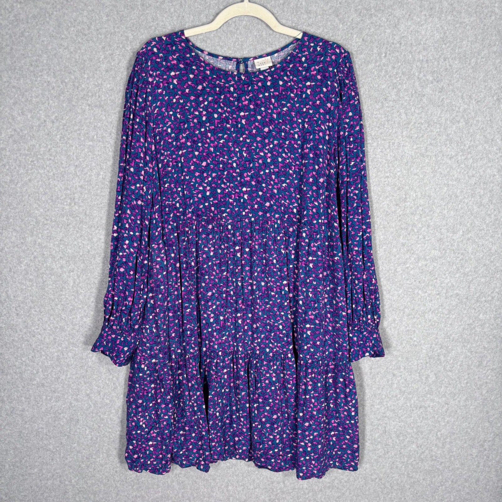 Tiered Babydoll Peasant Dress XL Navy Purple Abstract Floral Prairie Cottage