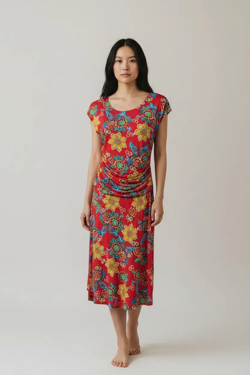 EN FOCUS STUDIO Womens Red Floral Ruched Midi Dress Size 10