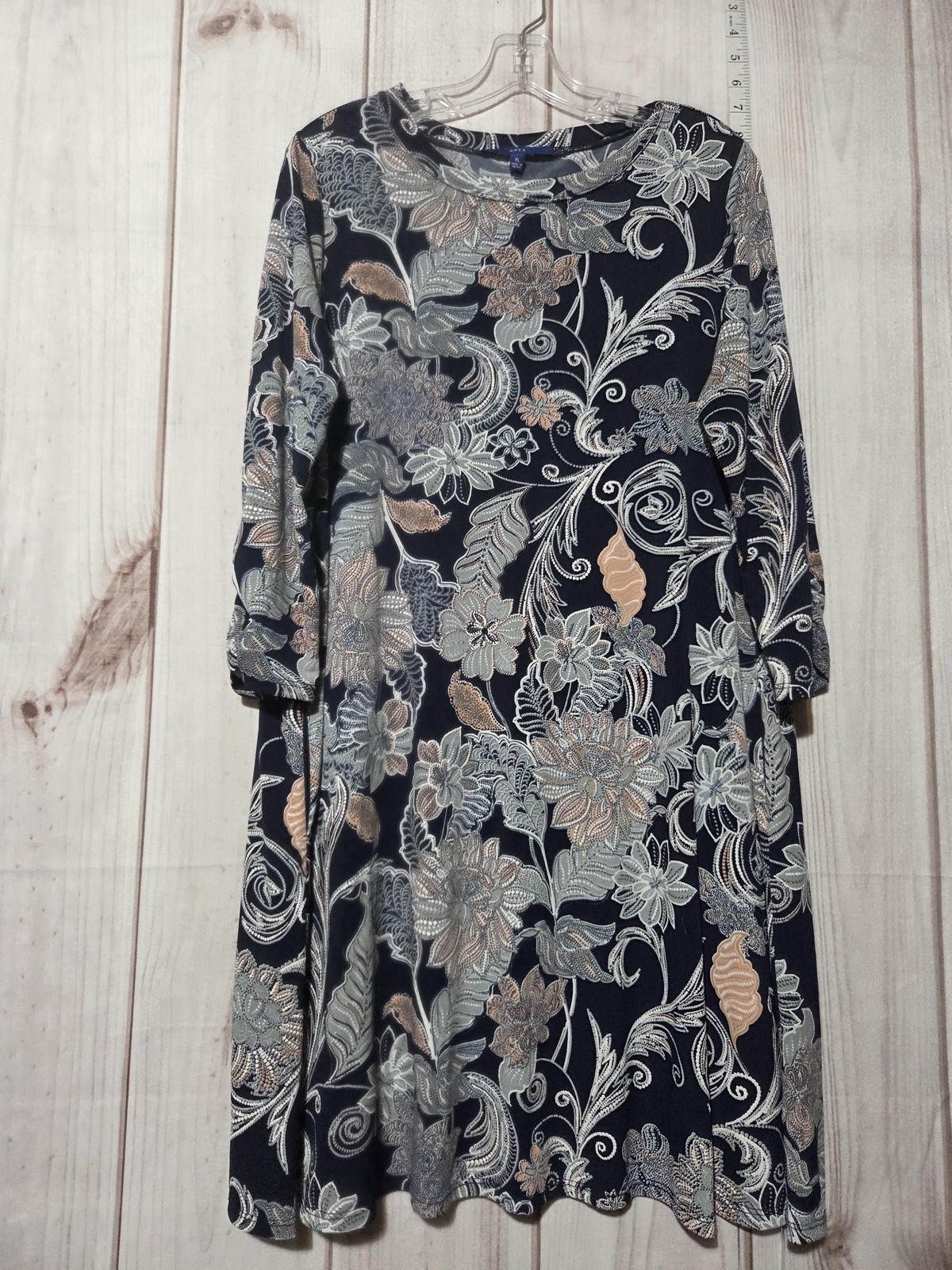 Apt. 9 Womens XL Floral Paisley Swing Dress Blue Long Sleeve Pockets Stretch