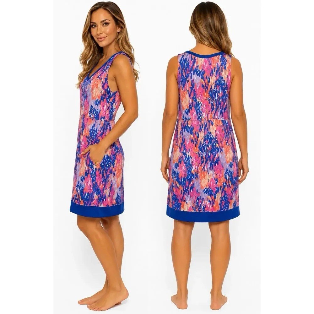 Reel Legends Abstract Print V-Neck Sleeveless Shift Dress Pockets Pink Blue L