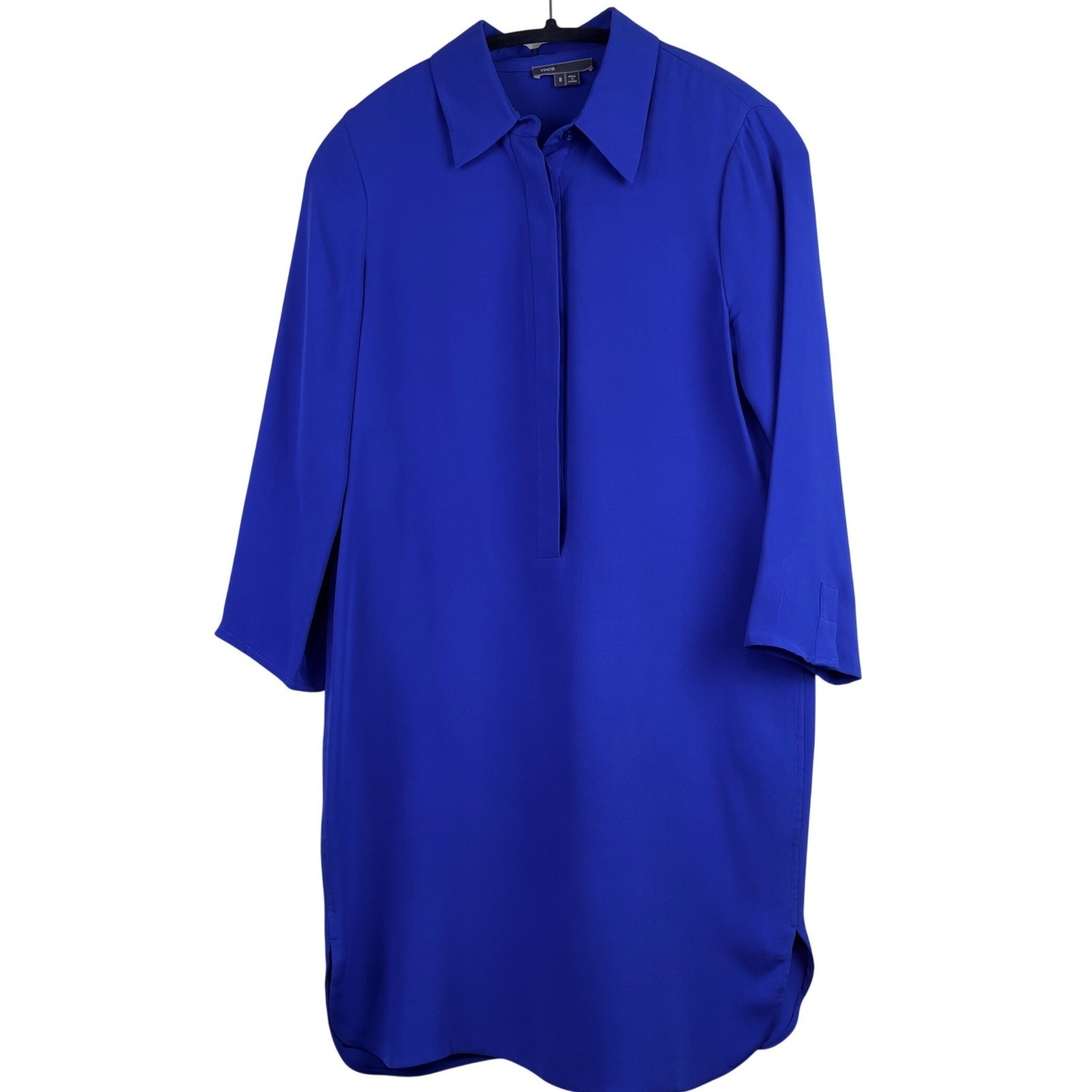 Vince 8 Royal Blue Shift Dress Hidden Button Collared 3/4 Sleeve Office Casual