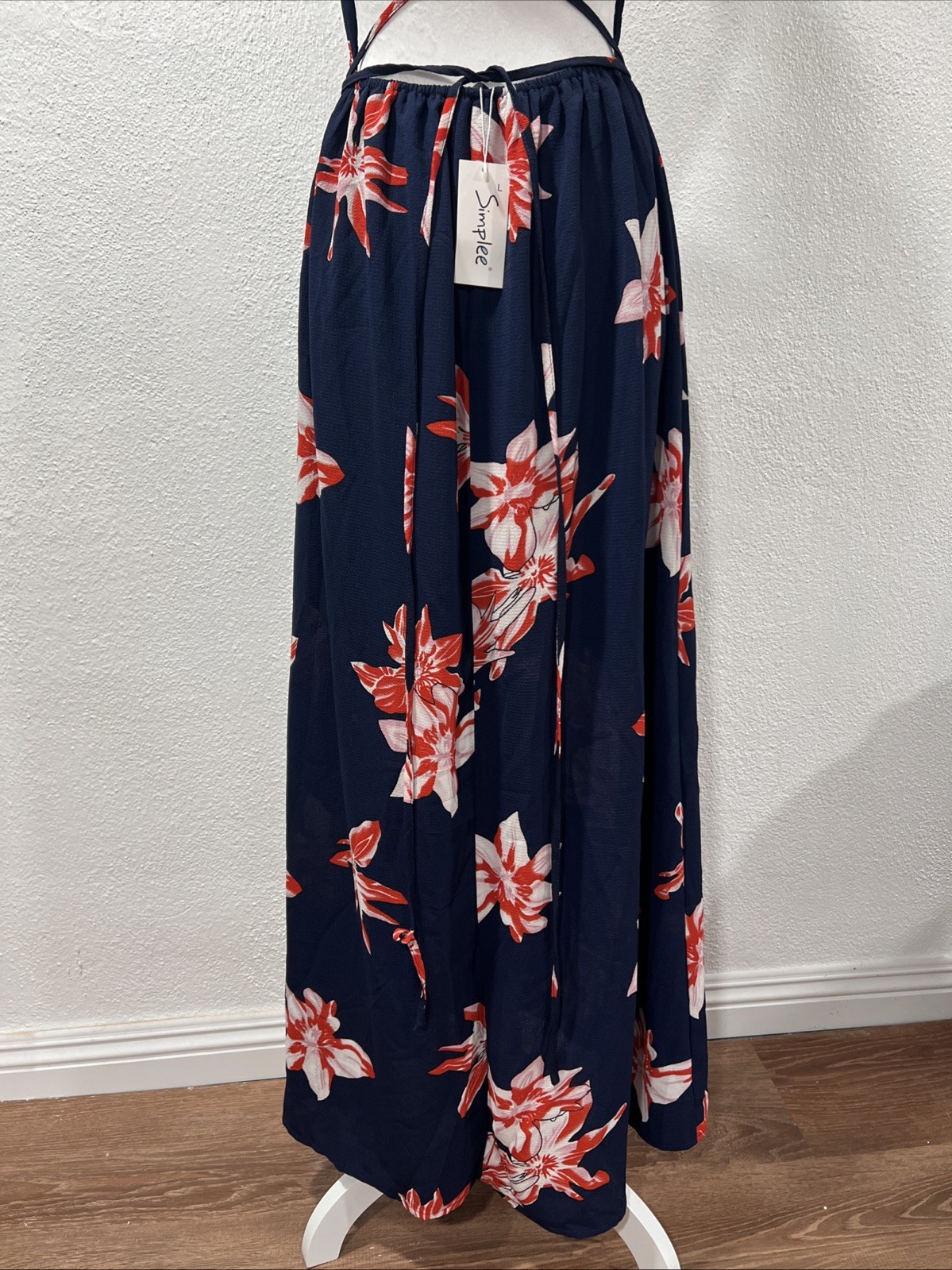 Simplee Floral Maxi Dress Large Navy Orange V-Neck Halter Mock Wrap High Slit