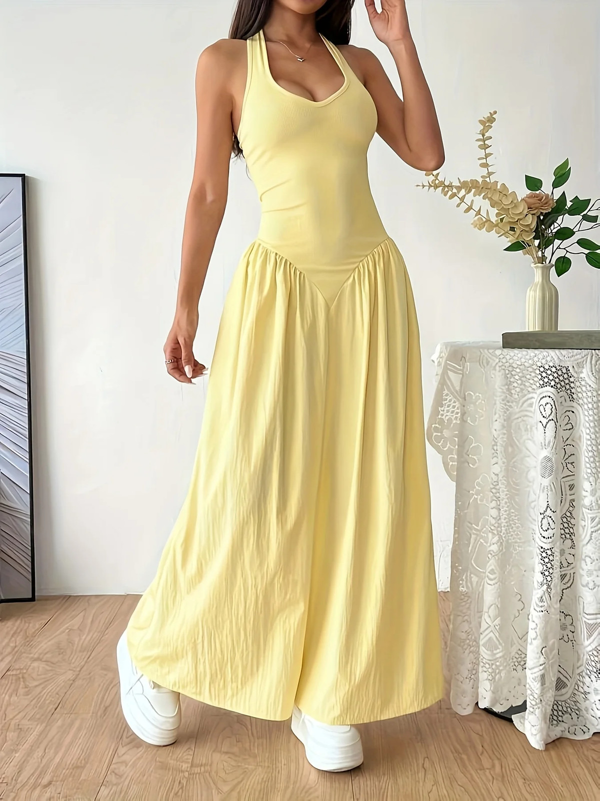 Womens Halter Maxi Dress Sleeveless V Neck Backless Boho Summer Sun Dress