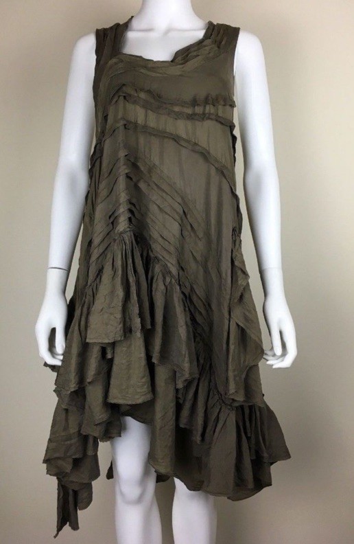 AllSaints Anula Dress UK12-14 Silk Layered Boho Ruffle Vintage Khaki Distressed
