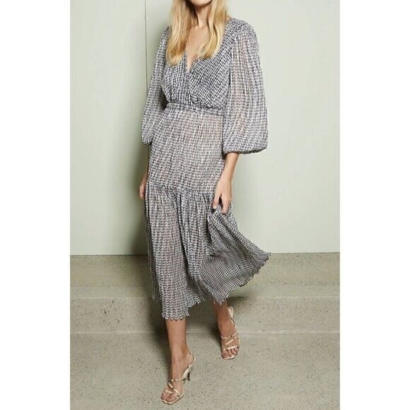 Bec & Bridge Nadine Crinkled Gingham Midi Dress Black US 6 UK 10 2249