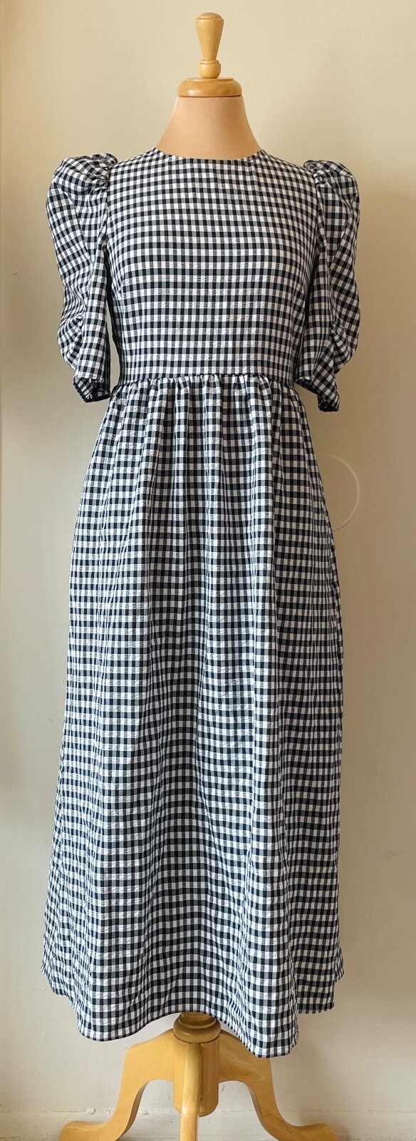 Topshop Size US 6 EU 38 Navy Blue & White Gingham Puff Sleeve Laced Back Dress