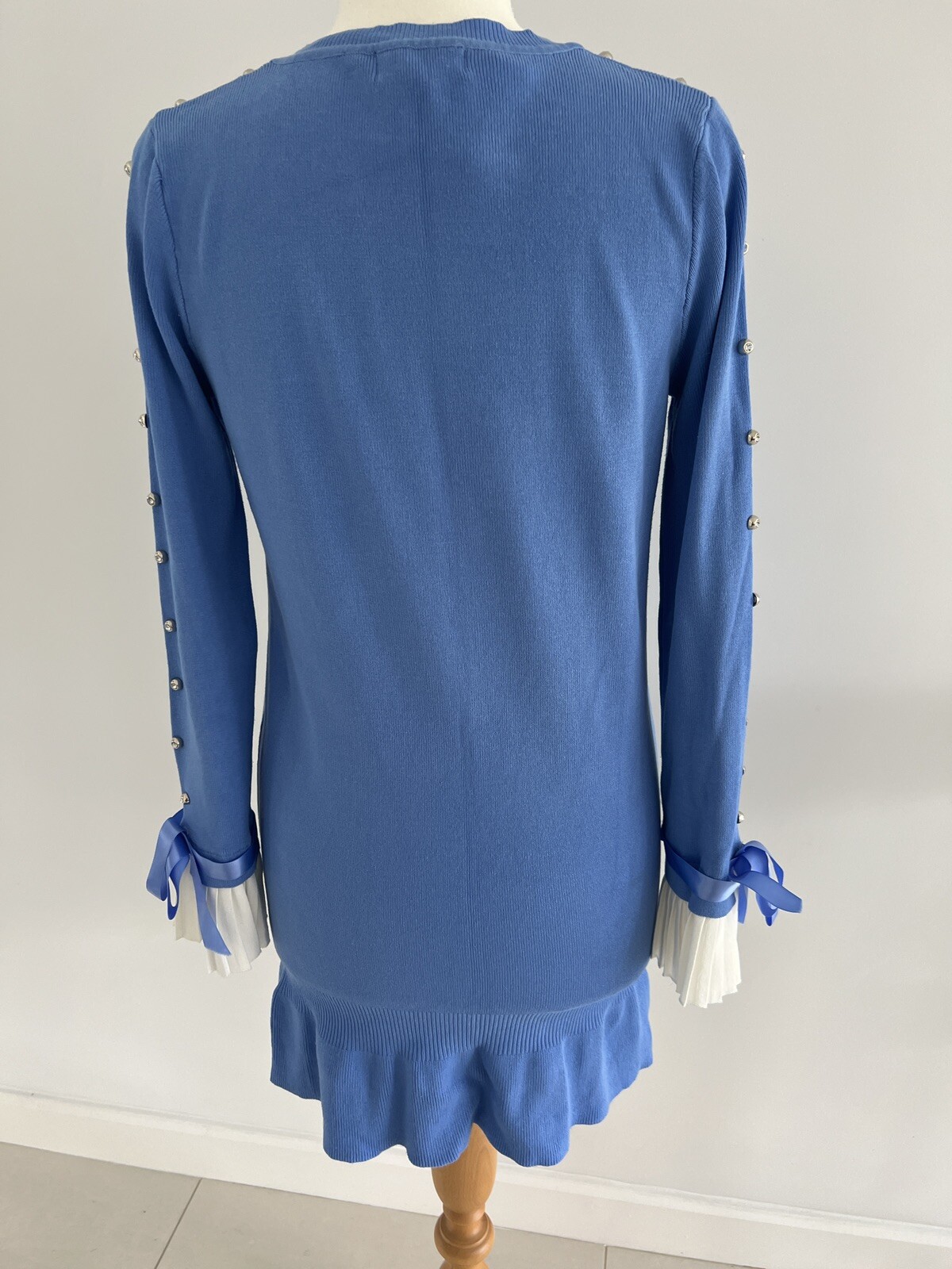 LAETITIA MEM Blue Pleated Cuffs Stretch Knit Jumper Dress O/S