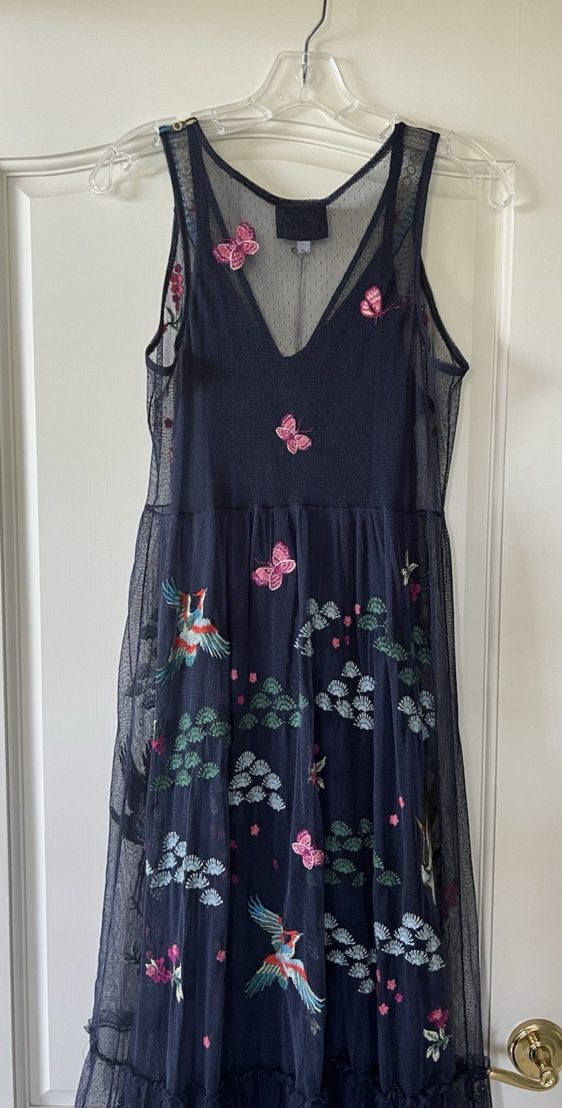 NWT $425 Johnny Was blue nights Zinoviah Mesh Dress & Slip embroidered floral S