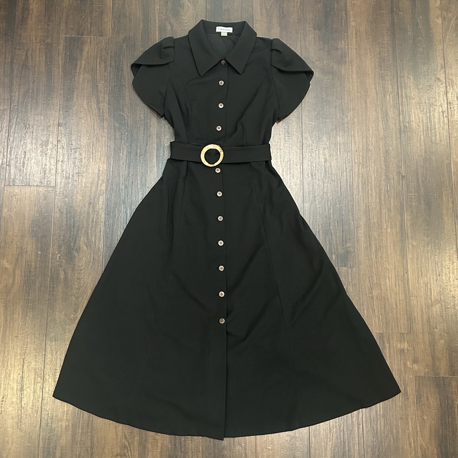 Calvin Klein Scuba Crepe Shirt Dress 6 Black Midi Belted Button Front CD2C1573