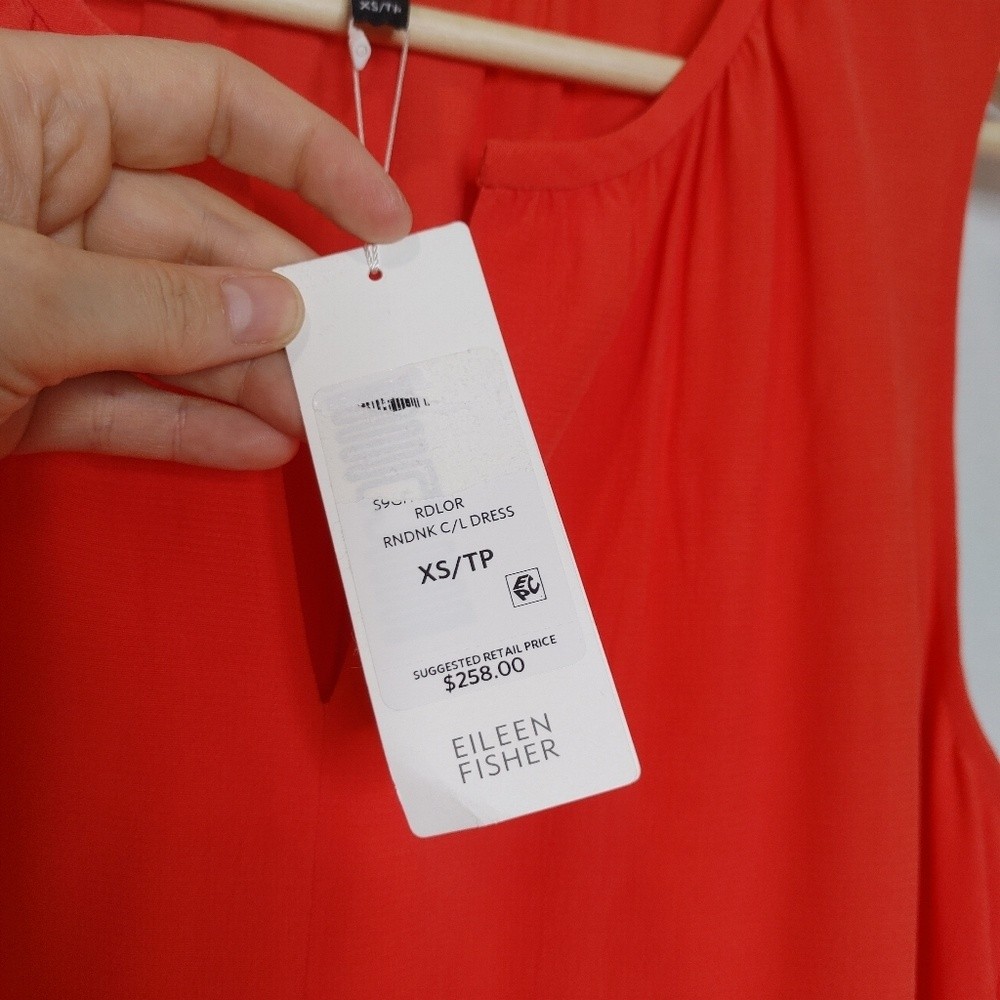 Eileen Fisher Shift Dress Sleeveless Round Split Neck Crepe Tencel Red Orange XS