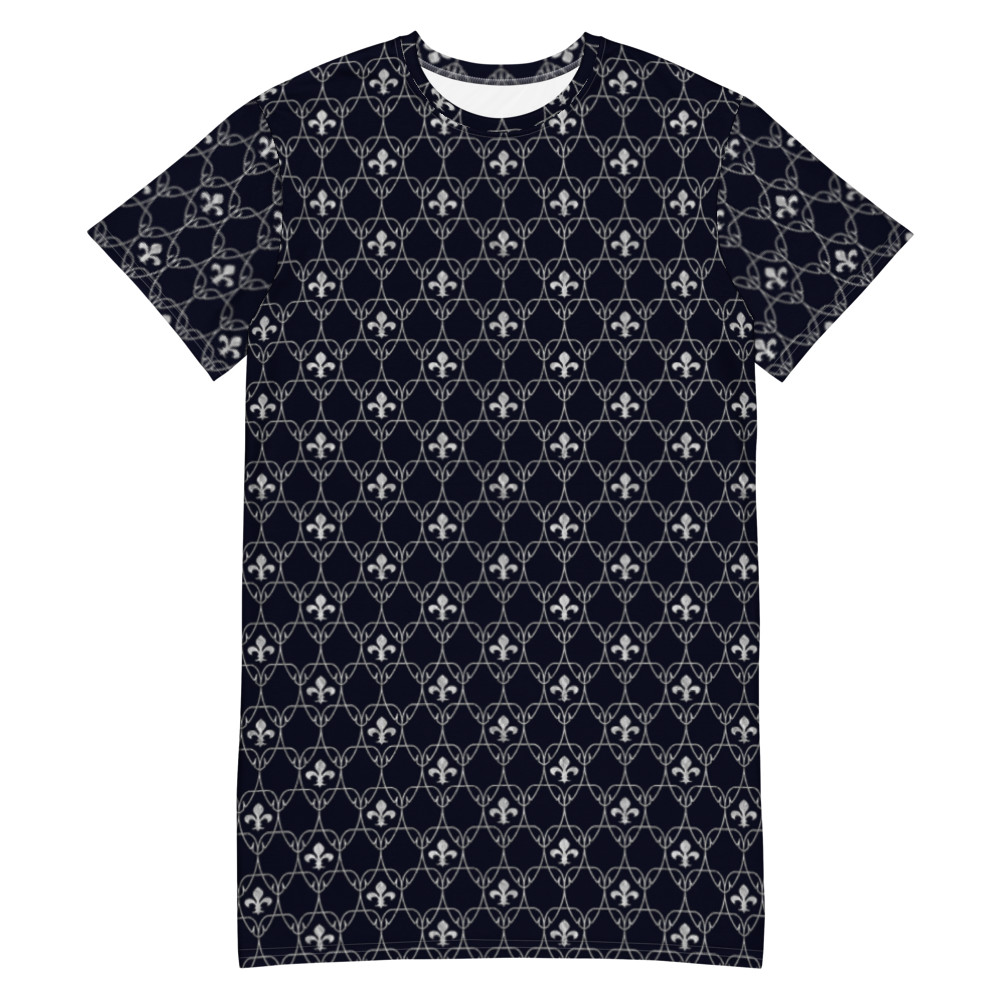 Fleur-de-lis Print Darkest Blue Custom Print T-Shirt Dress Relaxed Fit 2XS-6XL