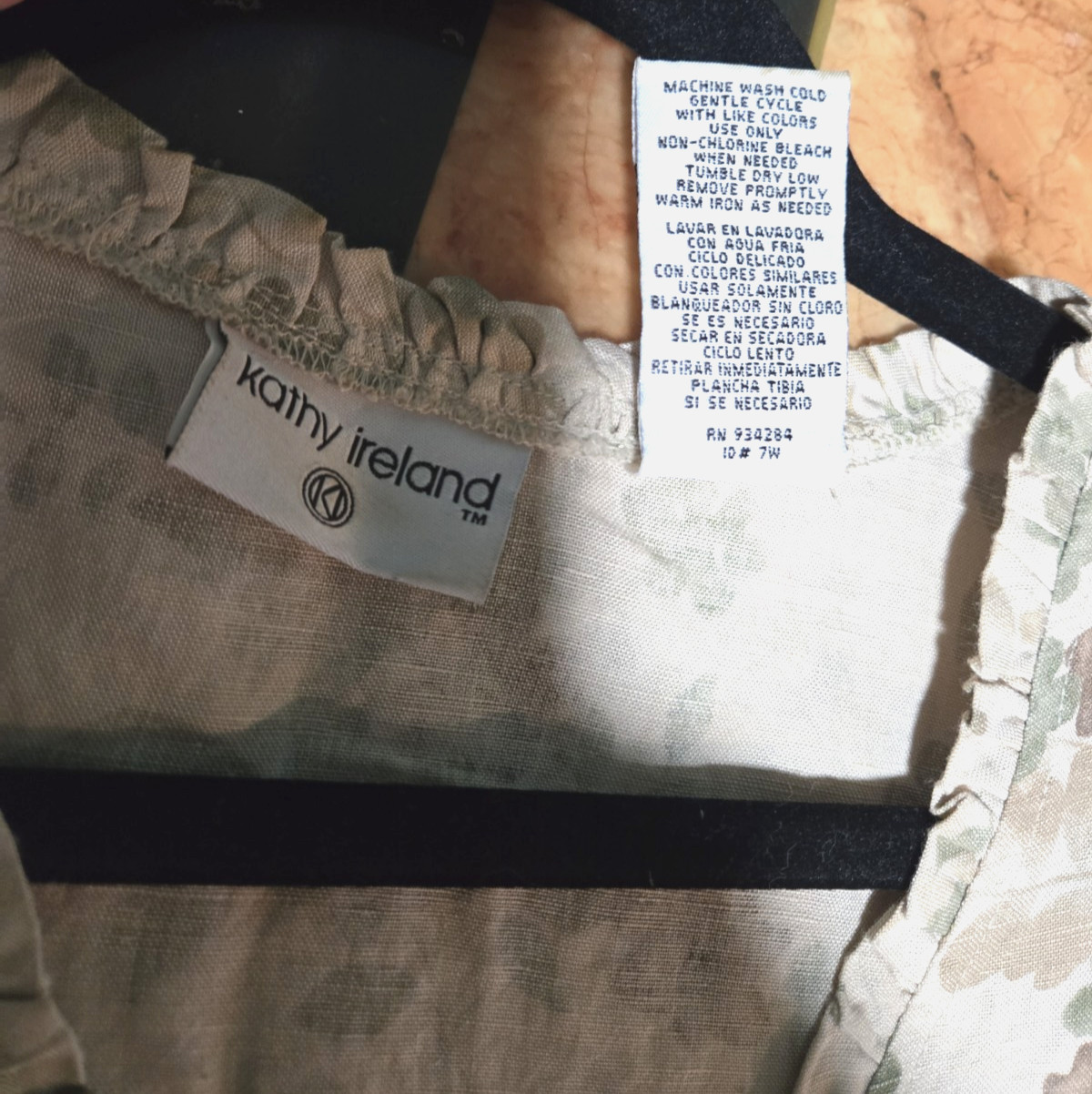 Kathy Ireland Beige/Green Sleeveless Floral Linen Blend Dress;Ruffle V-Neck;Sz L