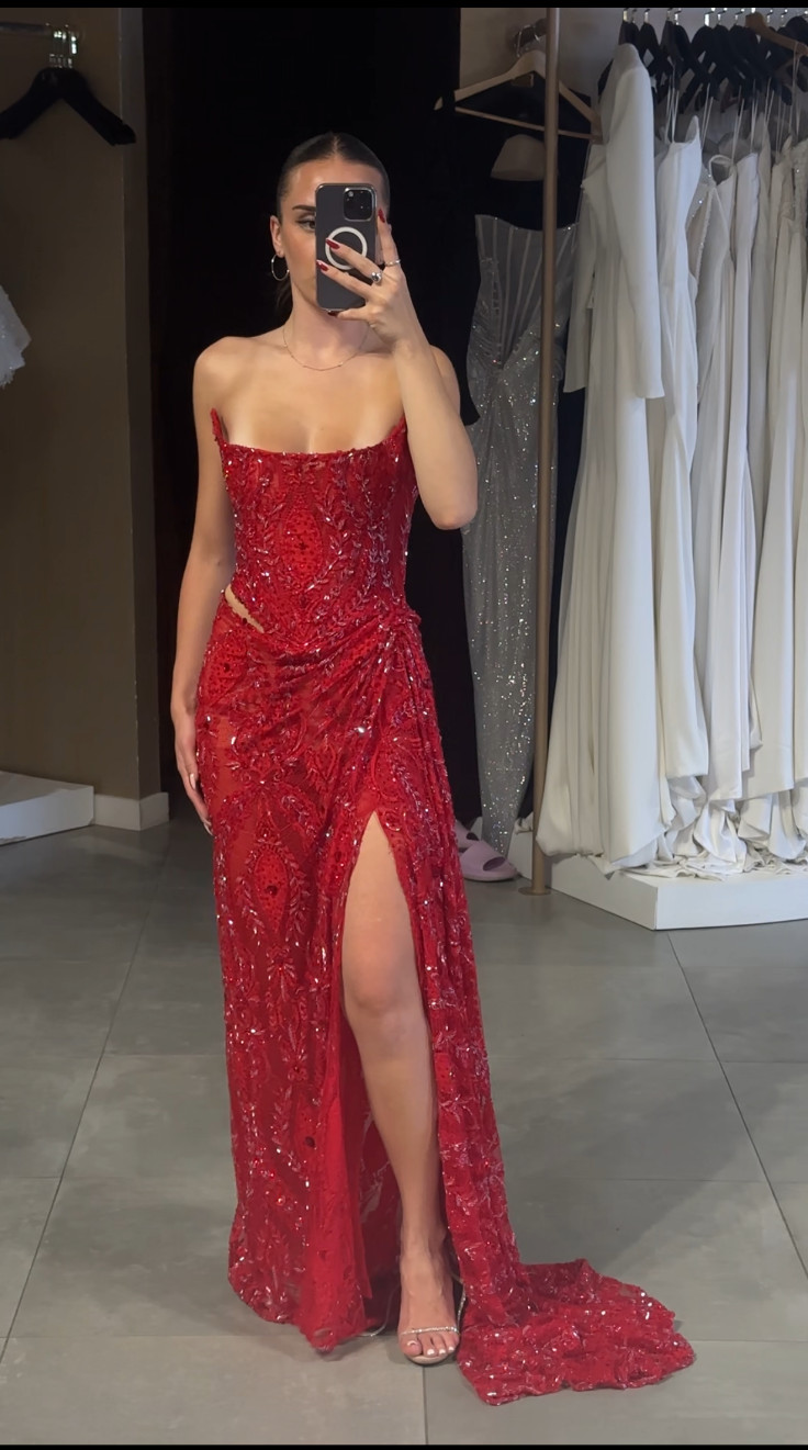 H A N A Custom Made High End Red Sequin Strapless Corset Gown Front Side Slit